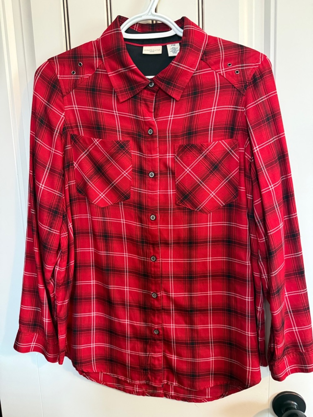 Westbound Red Plaid Button-Up Top in 100% Rayon. Easy Care. Excellent Condition